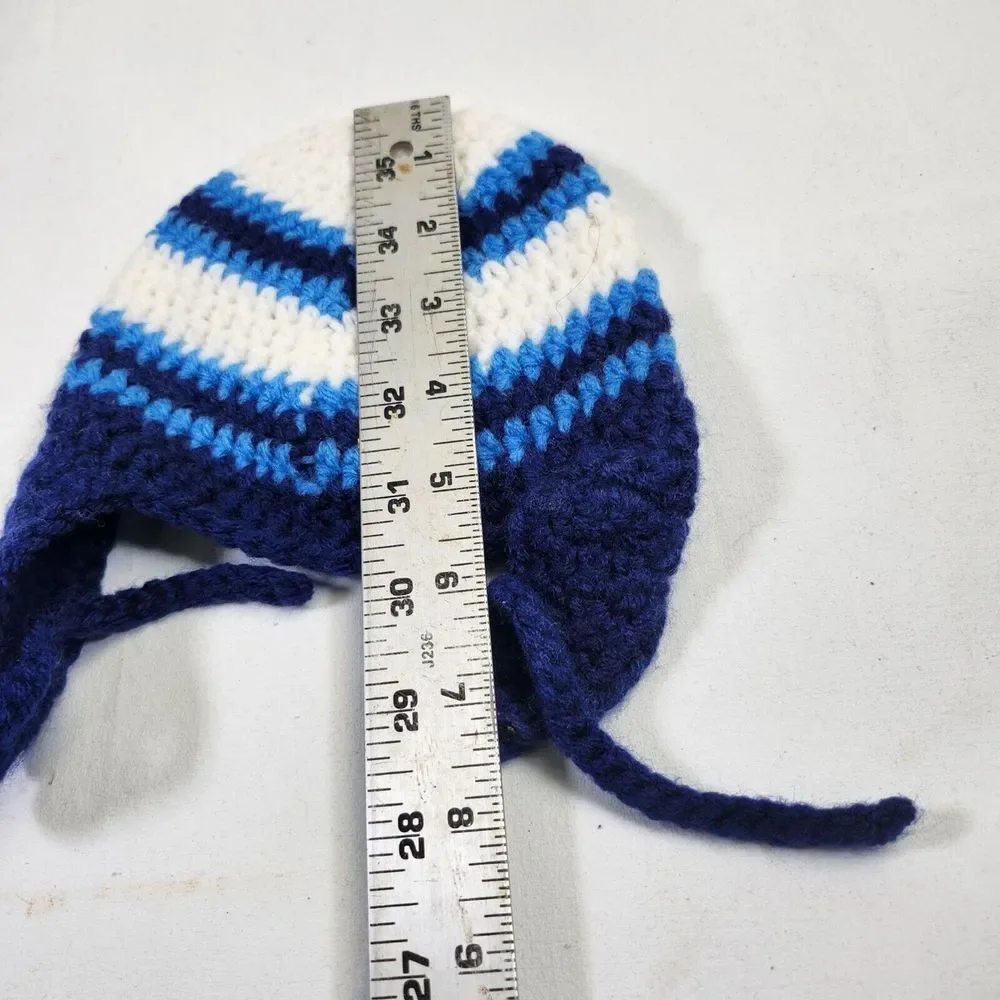 Knitted Baby Hat & Booties Set Blue White Stripes Newborn Soft & Warm Handmade A